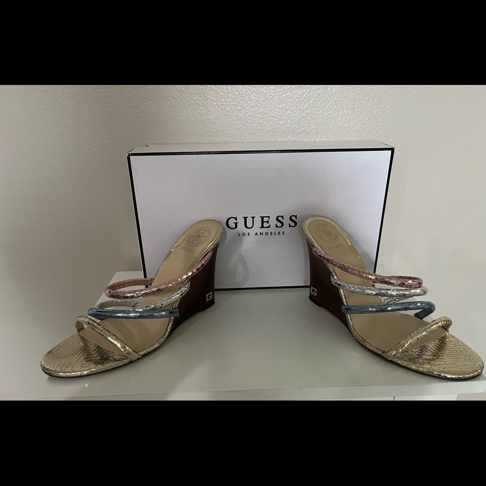 Guess wedge sandals with Gold, Blue and Rose Gold straps.